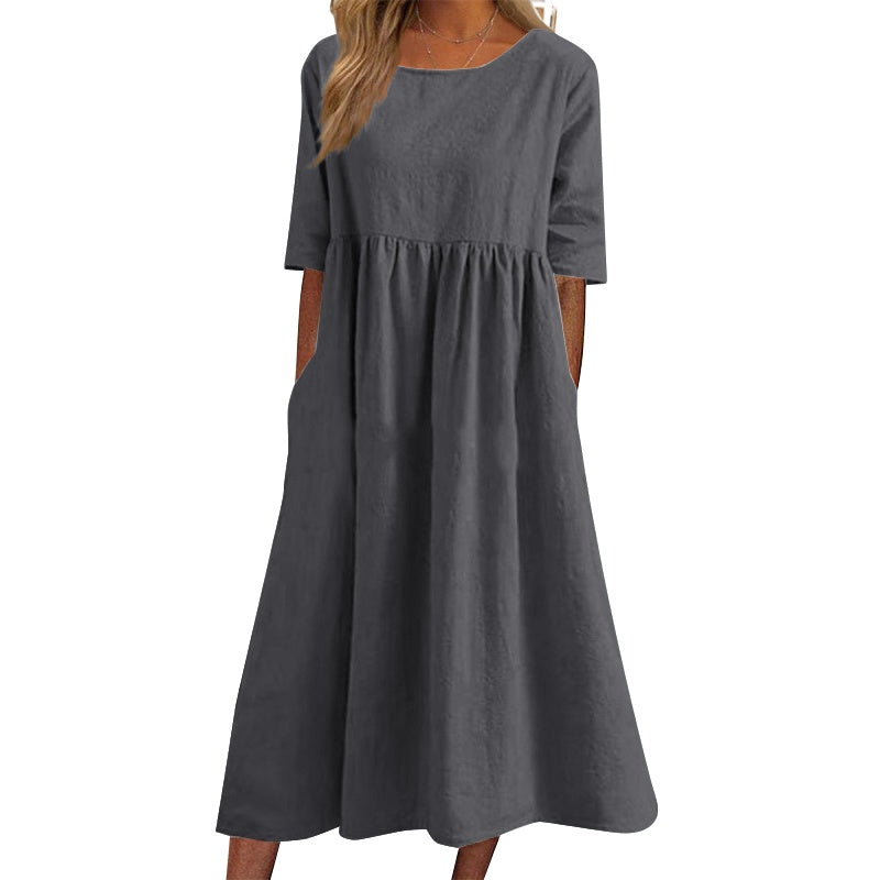 ✨👗【S-5XL】Nova ohlapna dolga enobarvna obleka z okroglim izrezom