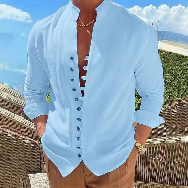 🔥【S-3XL】Cămașă casual pentru bărbați cu guler stand cu nasturi