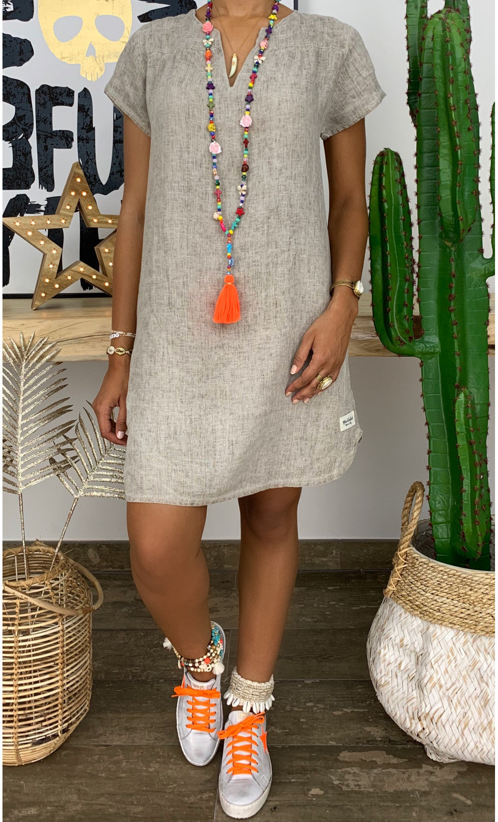 👗【S-5XL】Rochie midi confortabilă nouă, cu decolteu în V, din bumbac și in