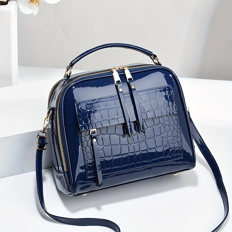 【Cumpărați 1 obțineți 1】Geantă de mână elegantă din piele lacuită cu model crocodil, stil retro, geantă de umăr pătrată vintage, crossbody din piele artificială cu curea reglabilă pentru femei