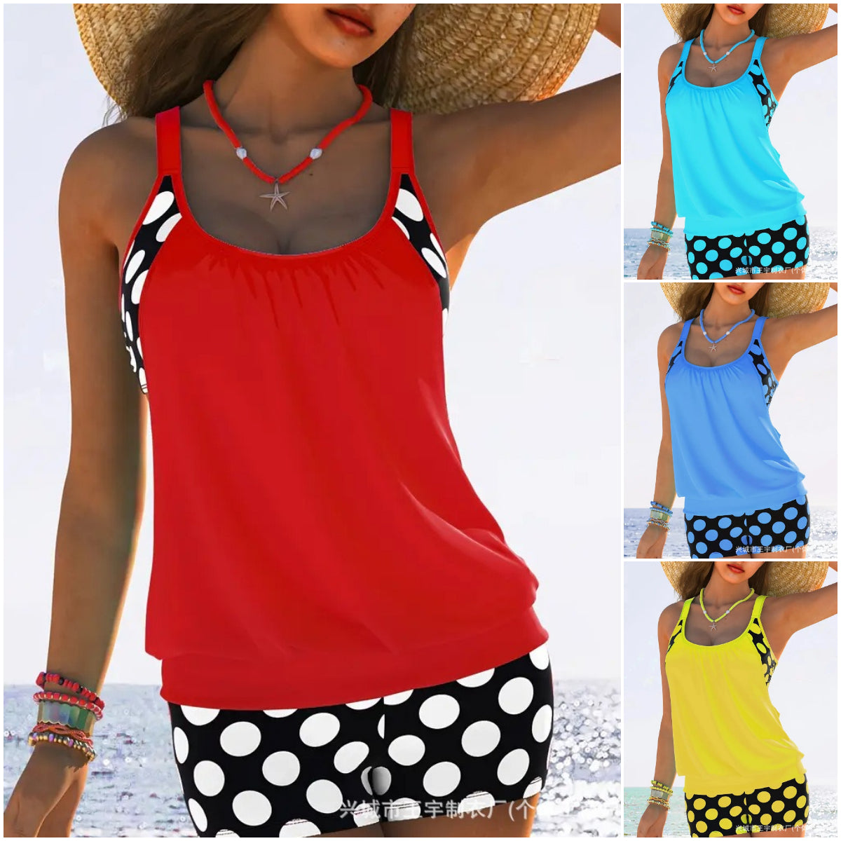 🏖️【S-4XL】Set de costum de baie sexy pentru femei, cu bretele, buline, mărime mare.