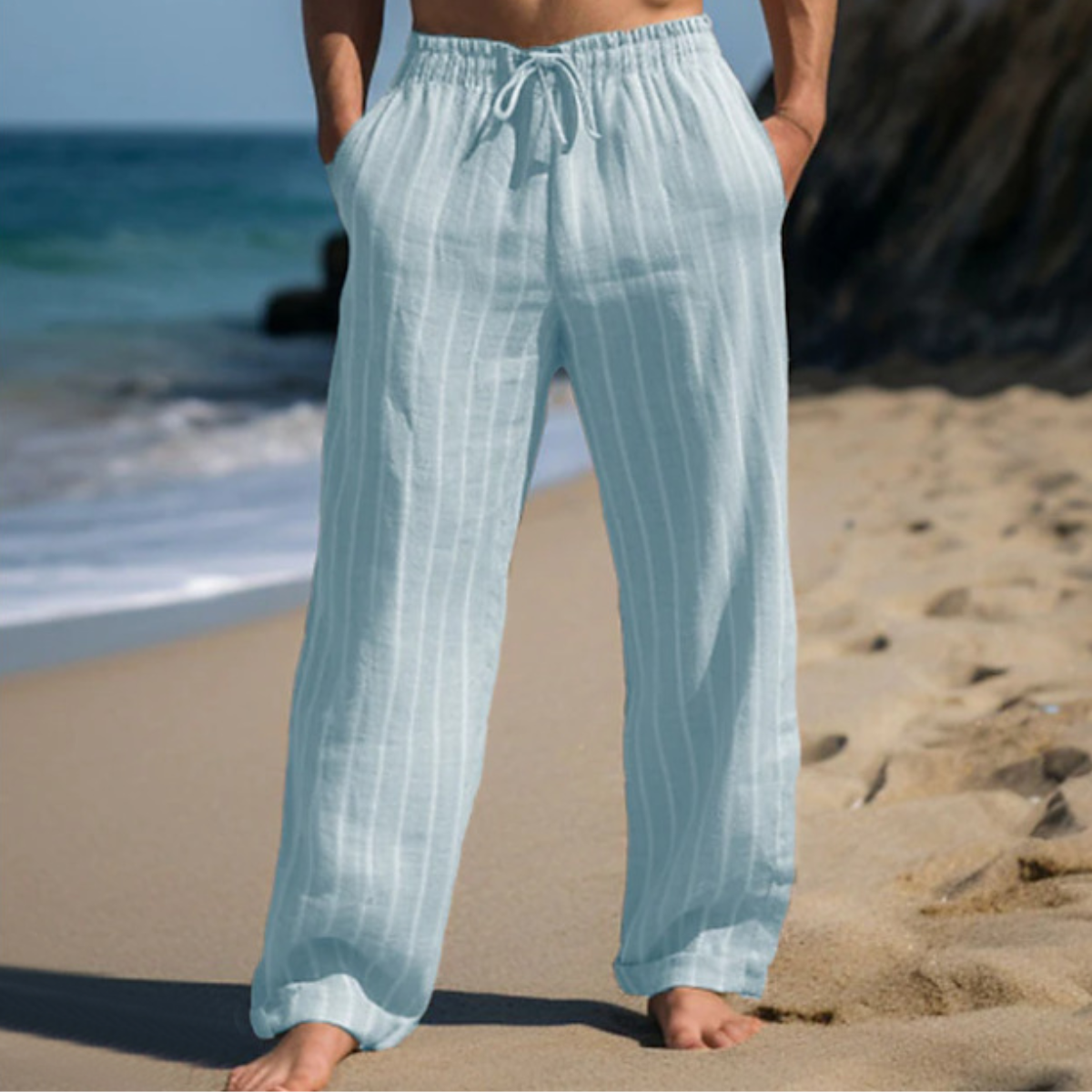 ✨👖【M–3XL】 Pantaloni bărbătești noi din in, cu dungi și croială dreaptă, mărimi mari, cu talie elastică și șnur
