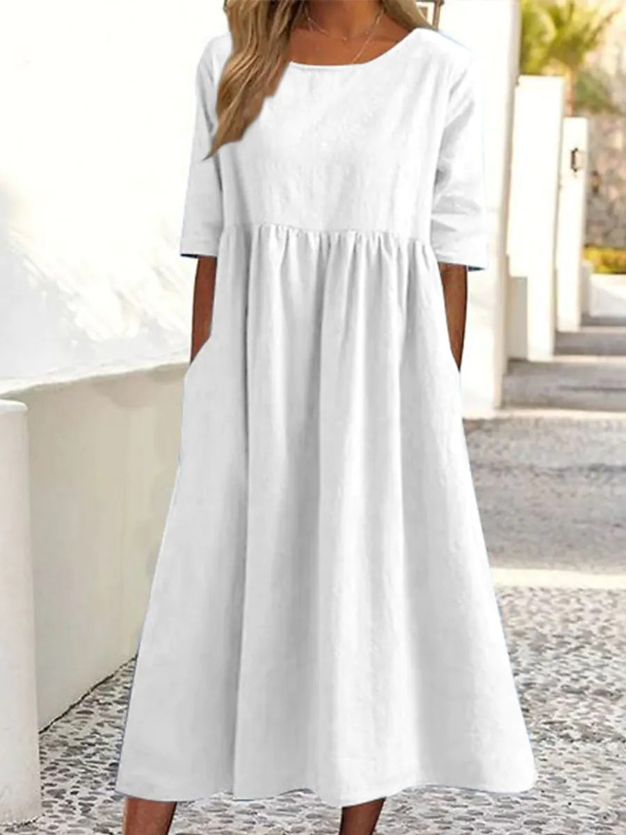 ✨👗【S-5XL】Nova ohlapna dolga enobarvna obleka z okroglim izrezom