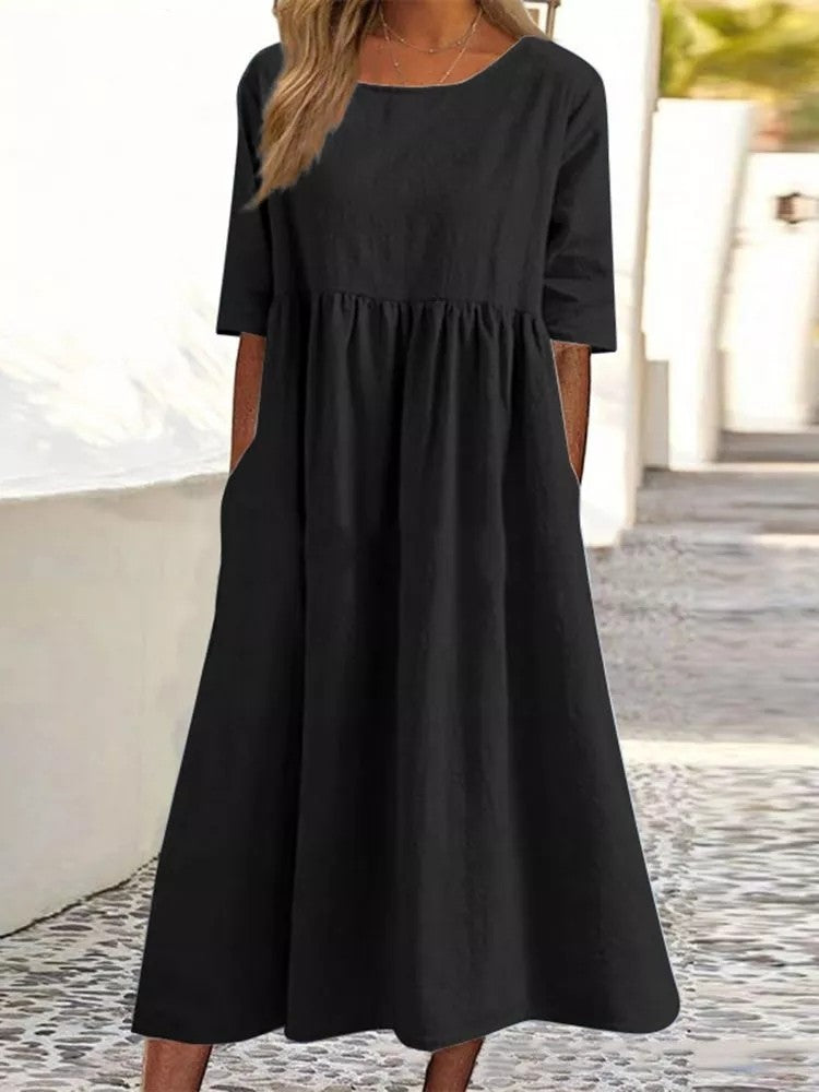 ✨👗【S-5XL】Nova ohlapna dolga enobarvna obleka z okroglim izrezom