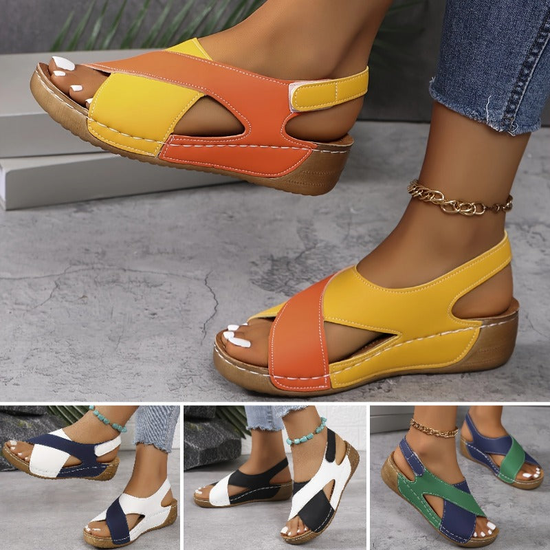 💞【36-43】 Sandale cu pană contrastante pentru femei Sandale confortabile cu curea la gleznă