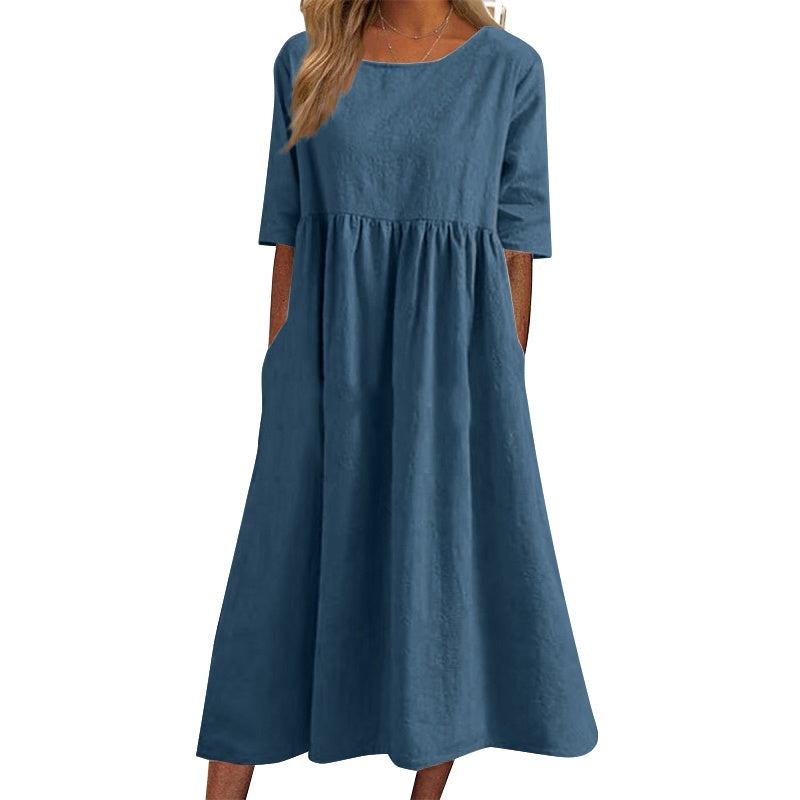 ✨👗【S-5XL】Nova ohlapna dolga enobarvna obleka z okroglim izrezom