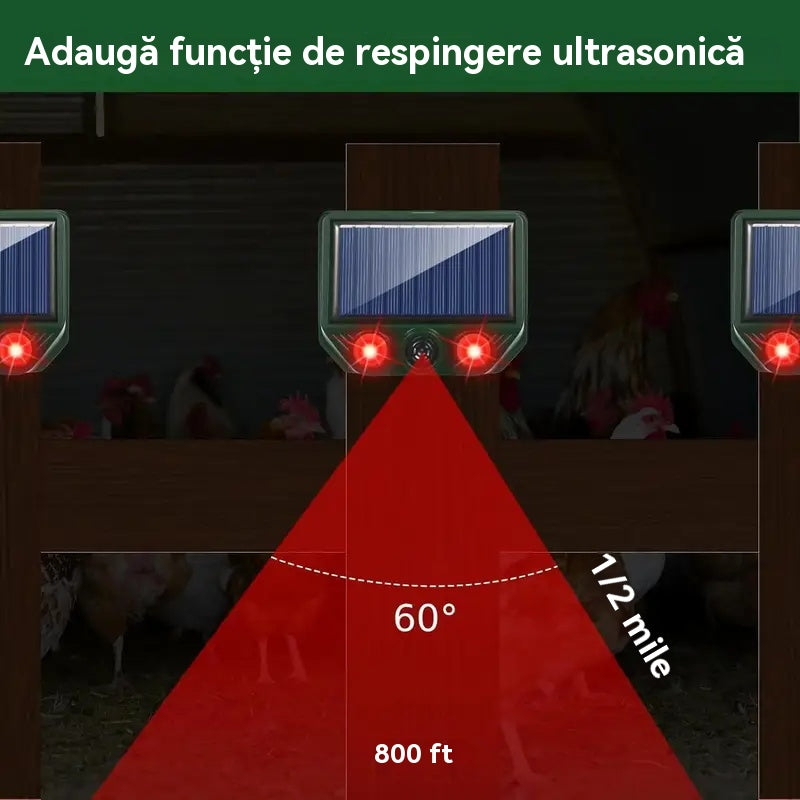 🔥📢 Repelent solar cu ultrasunete pentru animale pentru exterior Repelent pentru păsări cu lumină infraroșu intermitent cu LED roșu și albastru
