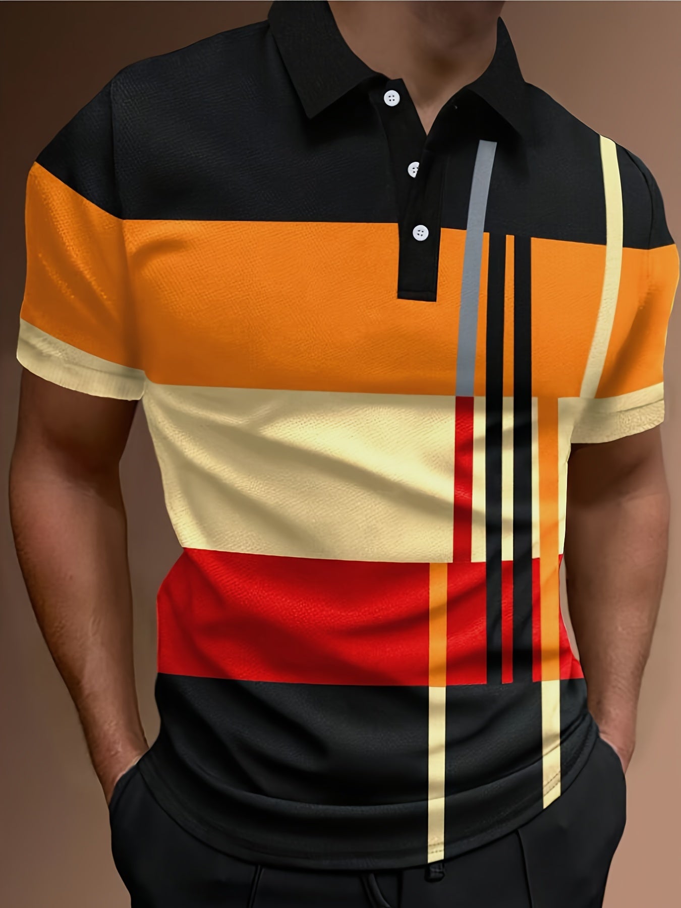 🔥👔【S-6XL】Cămașă POLO pentru bărbați, cu dungi 3D, bloc de culoare, casual, cu imprimeu