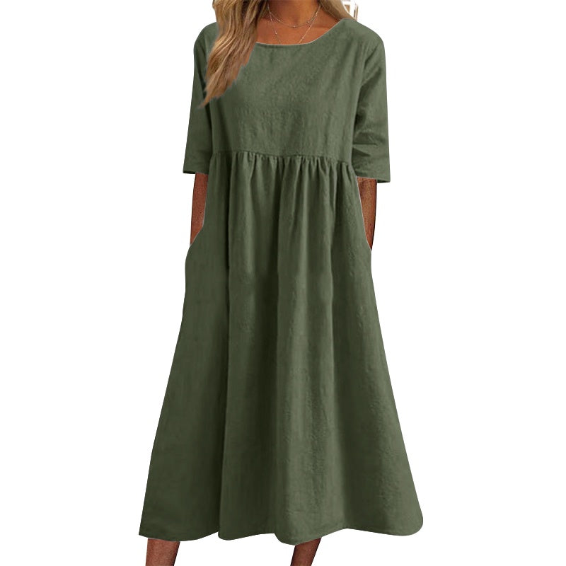 ✨👗【S-5XL】Nova ohlapna dolga enobarvna obleka z okroglim izrezom