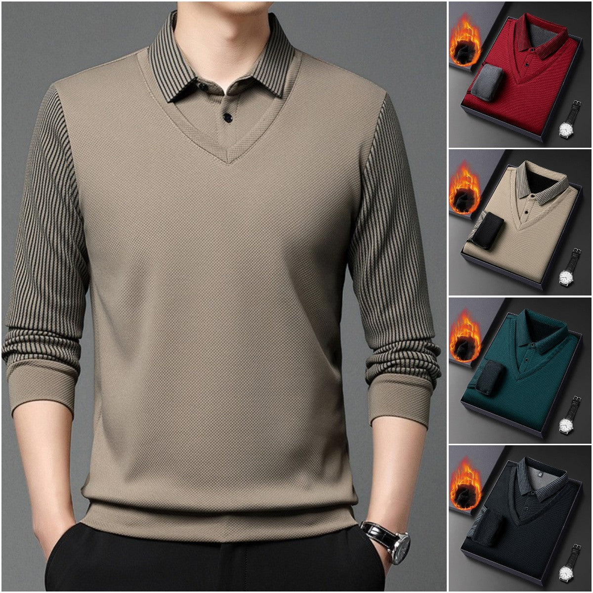 🔥【45% OFF】【Set de 2 bucăți/cumpărați unul, primiți unul gratuit】 【M-4XL】Cămașă POLO fals din două piese cu dungi patchwork