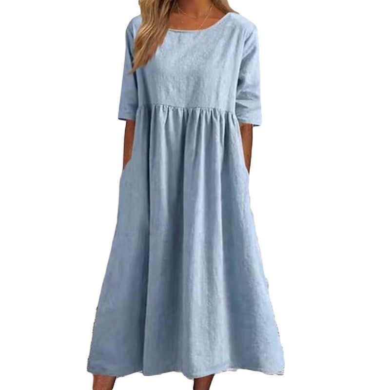 ✨👗【S-5XL】Nova ohlapna dolga enobarvna obleka z okroglim izrezom
