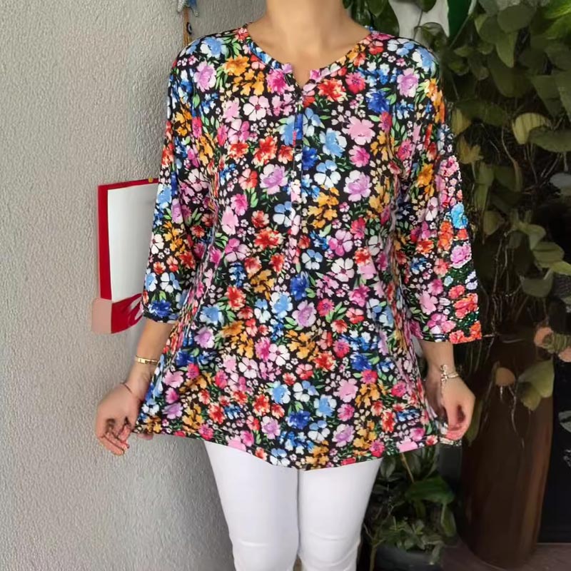 🔥2025 Tricou cu decolteu în V cu nasturi imprimate casual pentru damă