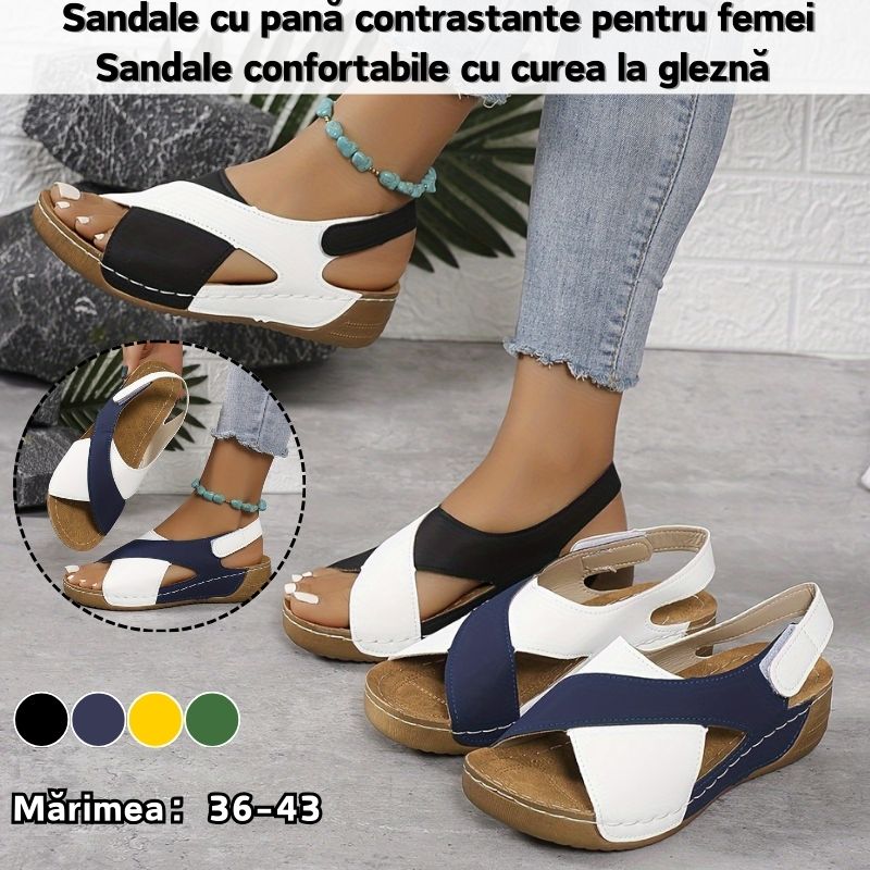 💞【36-43】 Sandale cu pană contrastante pentru femei Sandale confortabile cu curea la gleznă