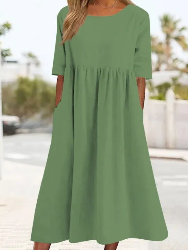 ✨👗【S-5XL】Nova ohlapna dolga enobarvna obleka z okroglim izrezom