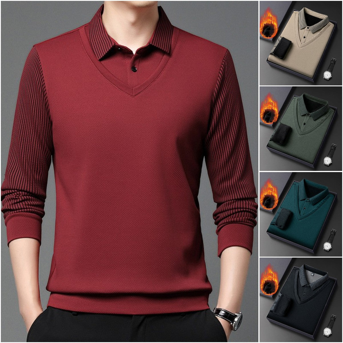 🔥【45% OFF】【Set de 2 bucăți/cumpărați unul, primiți unul gratuit】 【M-4XL】Cămașă POLO fals din două piese cu dungi patchwork