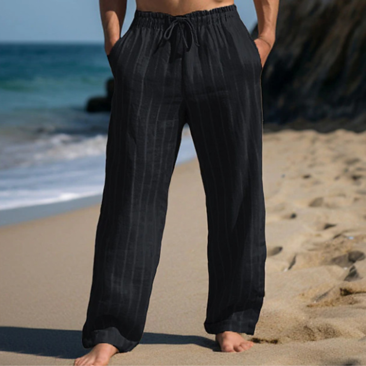 ✨👖【M–3XL】 Pantaloni bărbătești noi din in, cu dungi și croială dreaptă, mărimi mari, cu talie elastică și șnur
