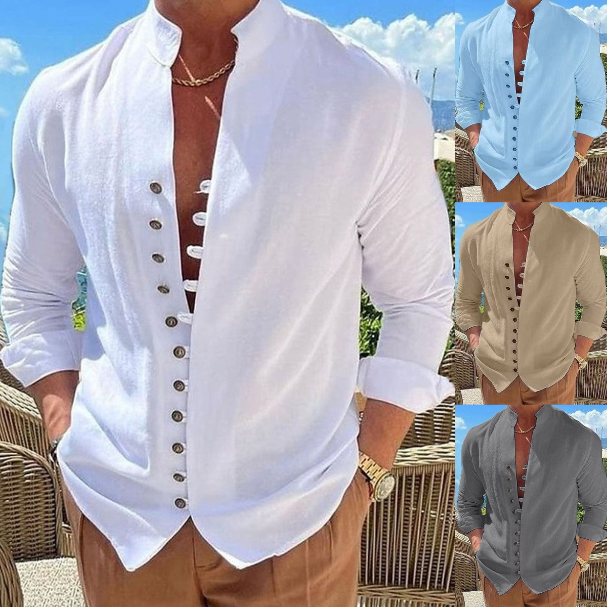 🔥【S-3XL】Cămașă casual pentru bărbați cu guler stand cu nasturi