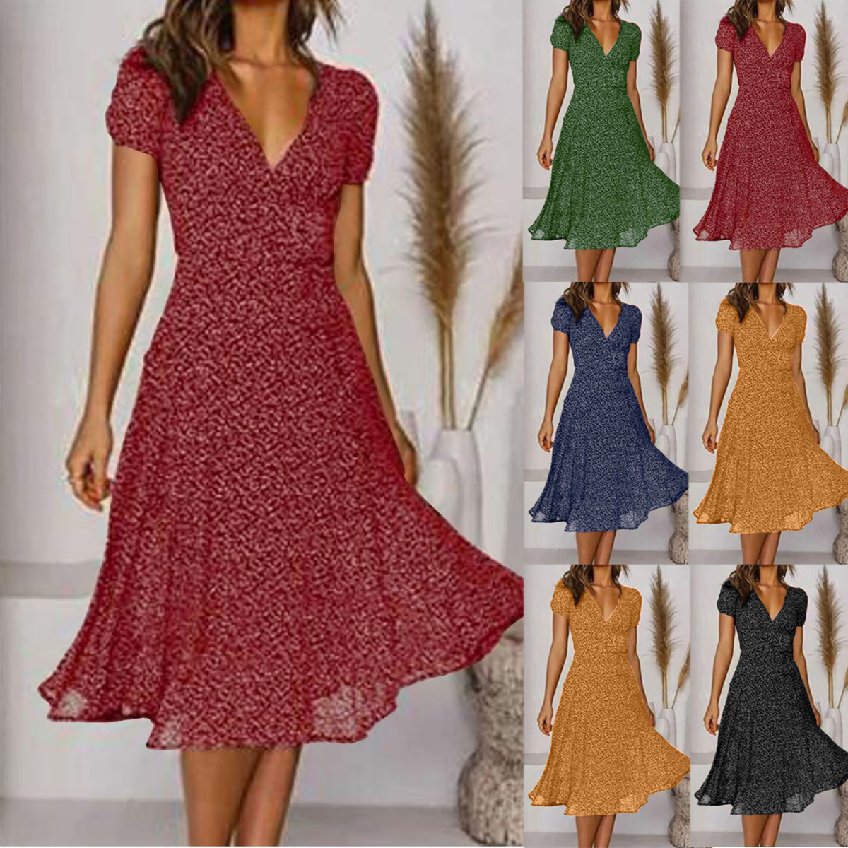 👗 Rochie nouă la modă pentru femei, cu buline, decolteu în V și mâneci scurte, rochie din șifon cu buline.
