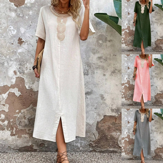 🌸🌸【S-3XL】Rochie brodata la gât rotund din bumbac si in de culoare uni