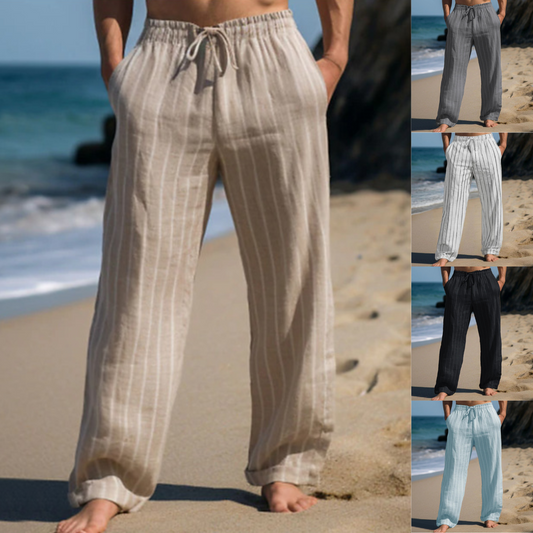 ✨👖【M–3XL】 Pantaloni bărbătești noi din in, cu dungi și croială dreaptă, mărimi mari, cu talie elastică și șnur