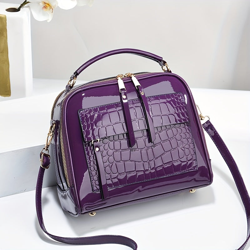 【Cumpărați 1 obțineți 1】Geantă de mână elegantă din piele lacuită cu model crocodil, stil retro, geantă de umăr pătrată vintage, crossbody din piele artificială cu curea reglabilă pentru femei