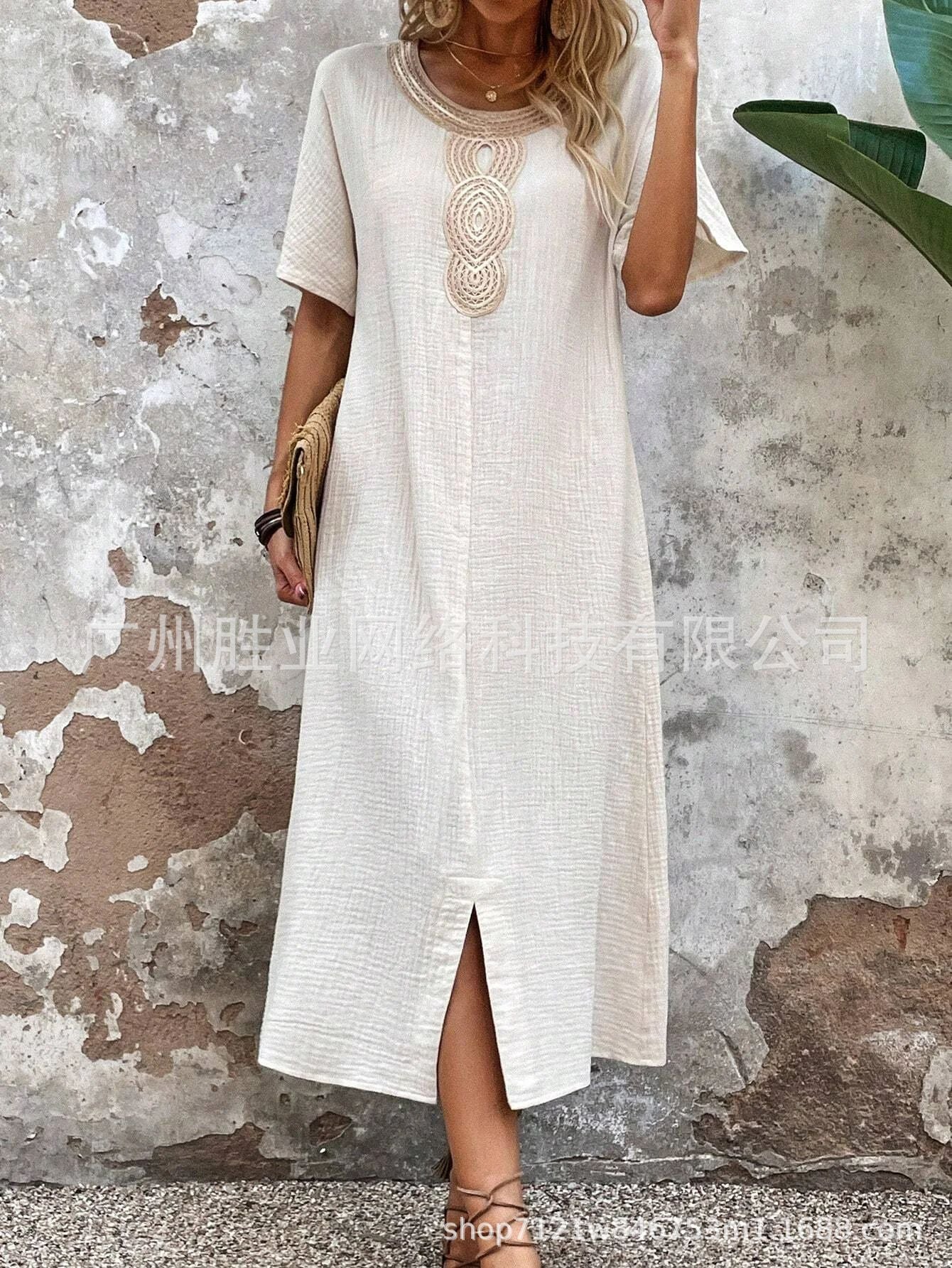 🌸🌸【S-3XL】Rochie brodata la gât rotund din bumbac si in de culoare uni