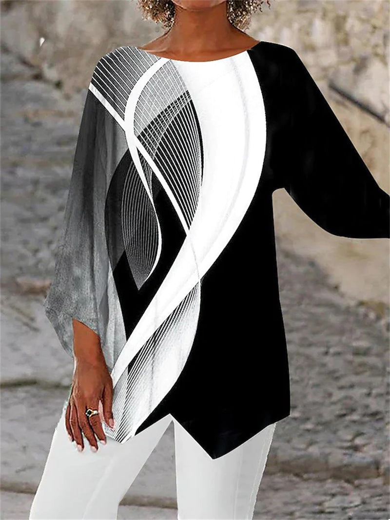 🌷😘 Podzimně-zimní základní tričko s dlouhým rukávem, kulatý výstřih, geometrický vzor. 🛍️