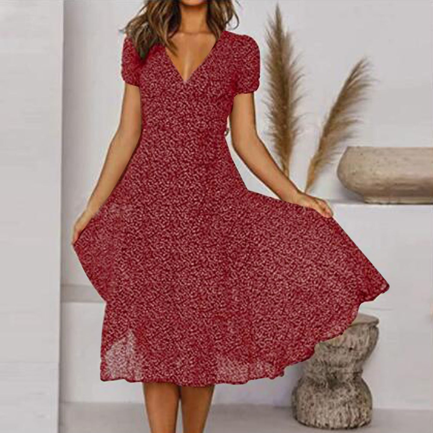 👗 Rochie nouă la modă pentru femei, cu buline, decolteu în V și mâneci scurte, rochie din șifon cu buline.