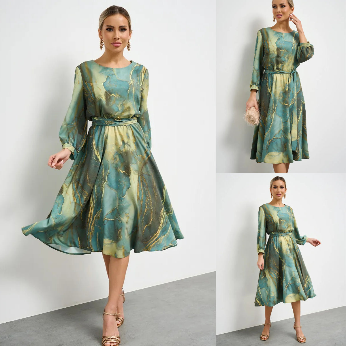 👗【Zână de primăvară】 rochie verde elegantă cu mânecă lungă și fustă🌸