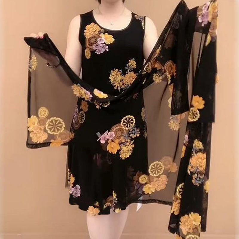 👗【M-4XL】Haine noi de vară pentru doamne de vârstă mijlocie, rochii din două piese.(Rochie + Jachetă)