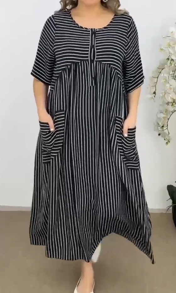 🌸🌸【S-5XL】Rochie de vară nouă, la modă, lejeră și confortabilă, cu dungi de mărime mare, 2025
