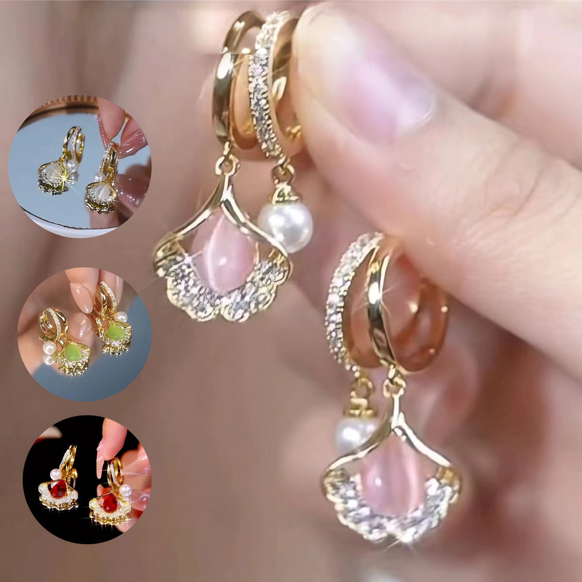 🎁✨✨ Elegáns fülbevalók macskaszem drágakövekkel és ginkgo levél mintával