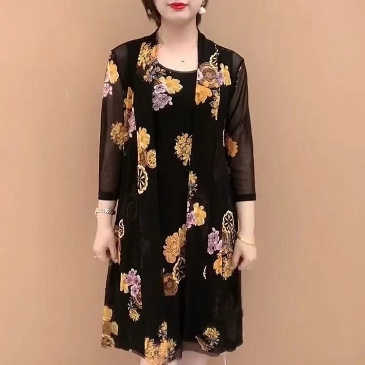 👗【M-4XL】Haine noi de vară pentru doamne de vârstă mijlocie, rochii din două piese.(Rochie + Jachetă)