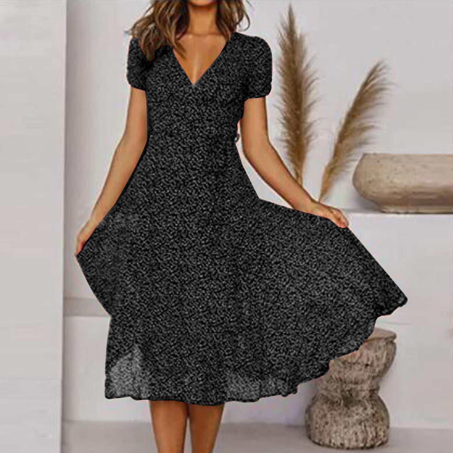 👗 Rochie nouă la modă pentru femei, cu buline, decolteu în V și mâneci scurte, rochie din șifon cu buline.