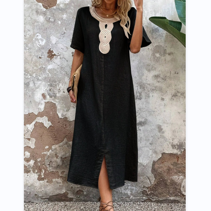 🌸🌸【S-3XL】Rochie brodata la gât rotund din bumbac si in de culoare uni