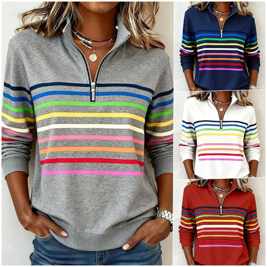 😀👗 Divatos pulóver szivárványcsíkokkal és félig cipzáras gallérral