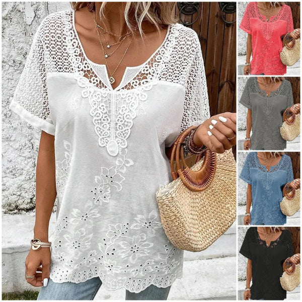 💝 2024 Top tricou cu mânecă scurtă din dantelă pentru femei, cu decolteu în V