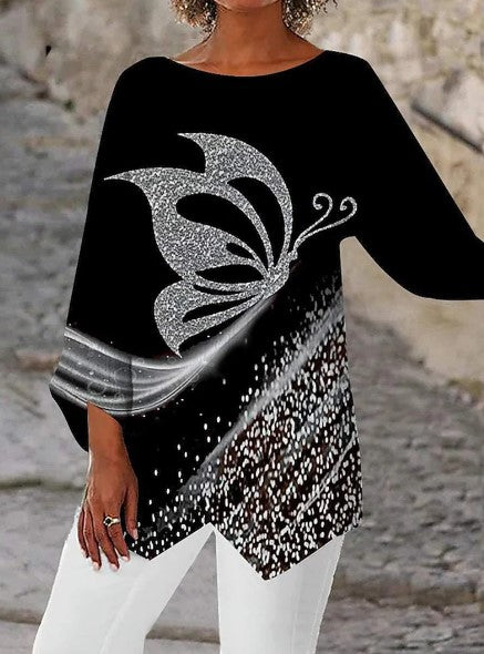 🌷😘 Podzimně-zimní základní tričko s dlouhým rukávem, kulatý výstřih, geometrický vzor. 🛍️