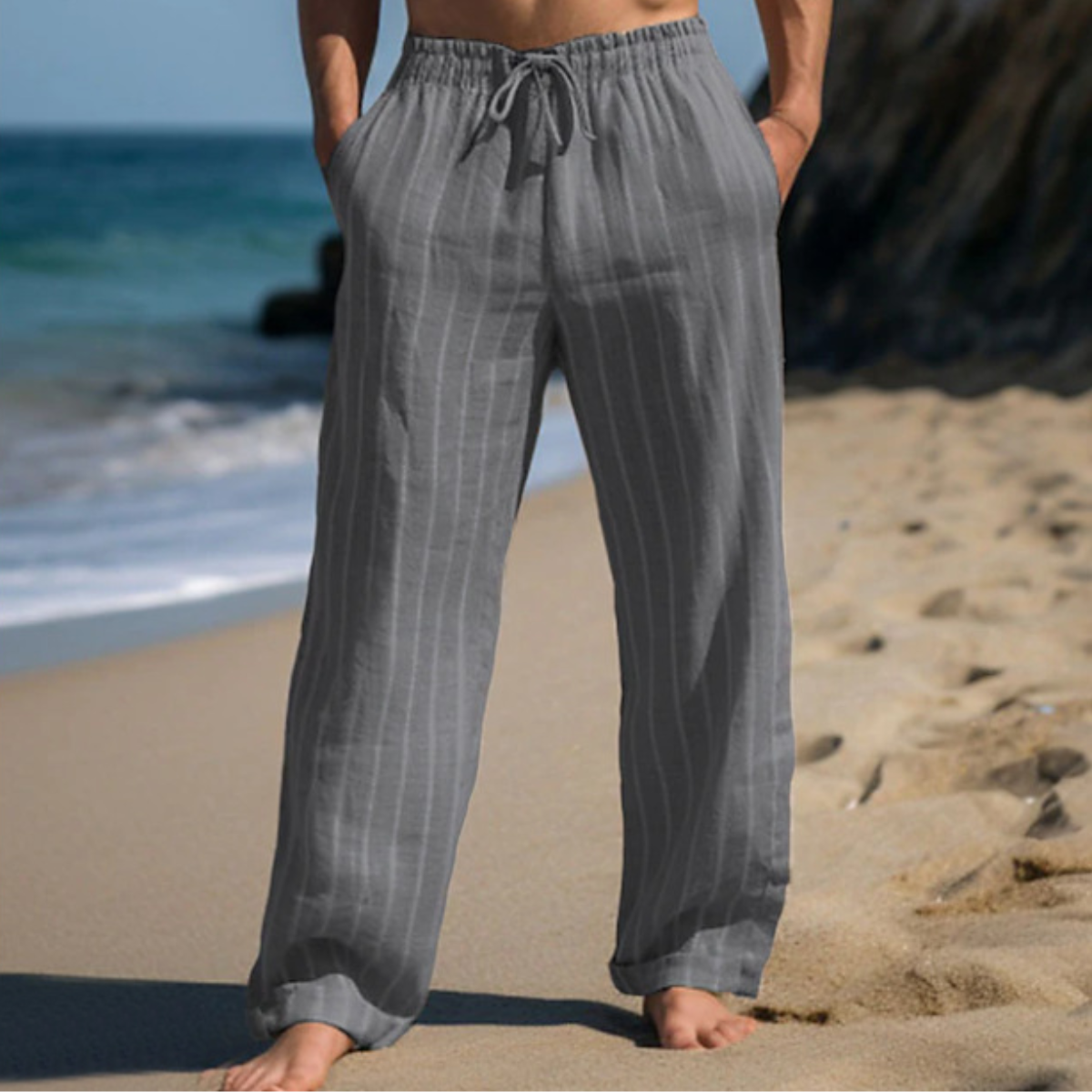 ✨👖【M–3XL】 Pantaloni bărbătești noi din in, cu dungi și croială dreaptă, mărimi mari, cu talie elastică și șnur