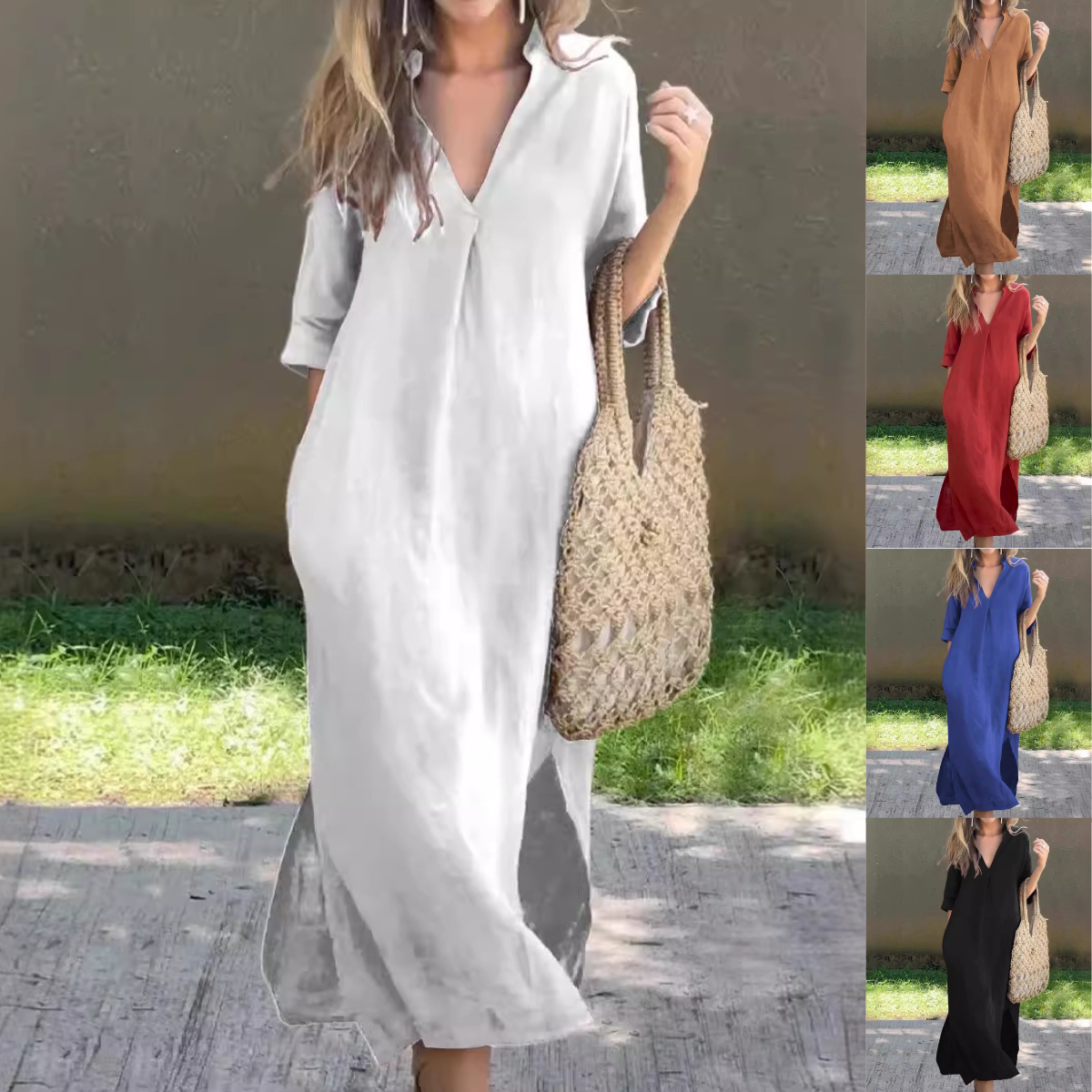 👗【S–3XL】Rochie nouă pentru femei, mărimi mari, lungă, din bumbac și in, cu decolteu în V și deschizături laterale.