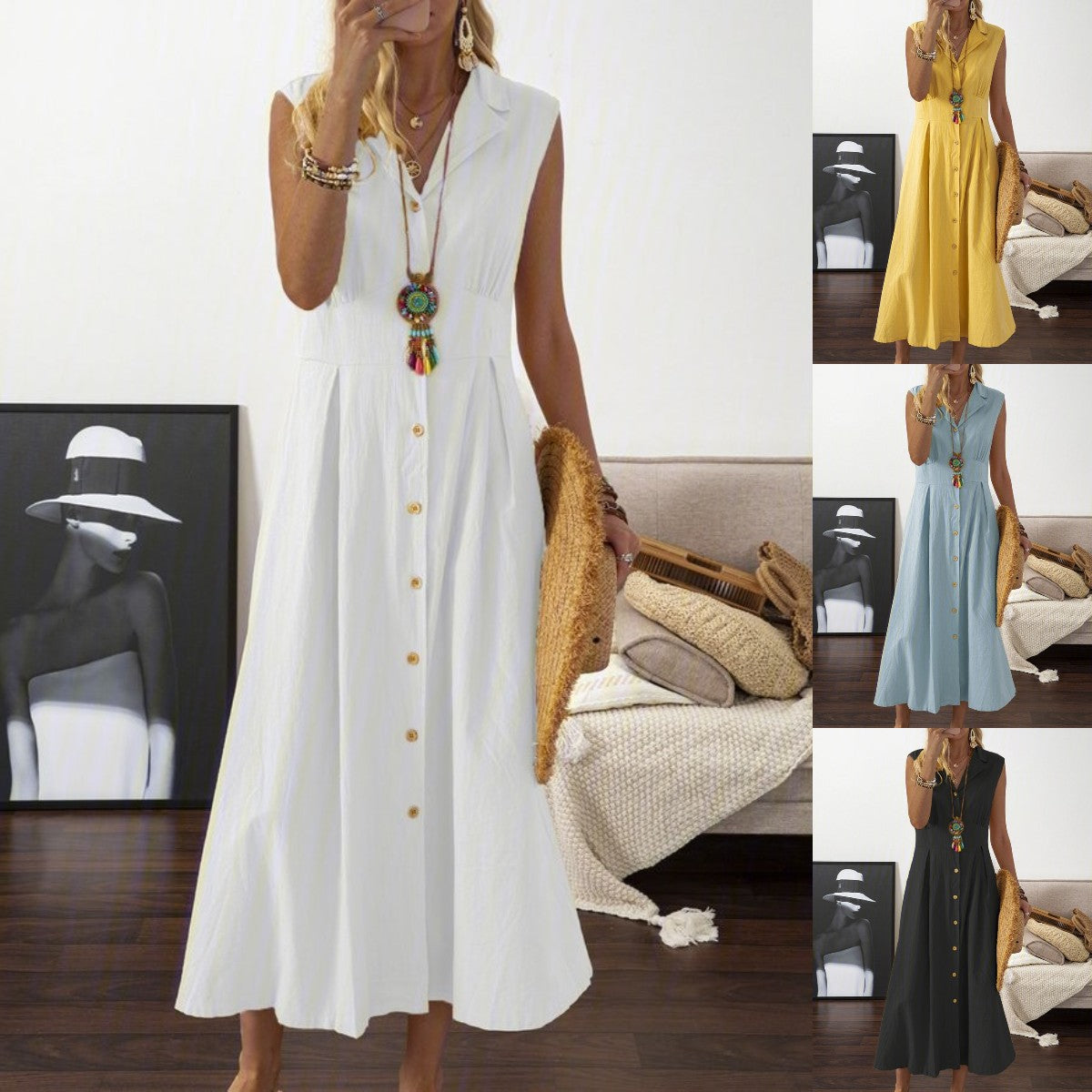 🎀【S–3XL】Rochie de damă de mărime plus mare din bumbac și in, cu guler tip sacou și nasturi