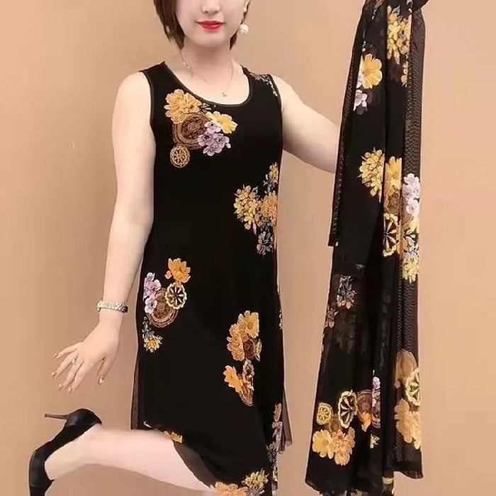 👗【M-4XL】Haine noi de vară pentru doamne de vârstă mijlocie, rochii din două piese.(Rochie + Jachetă)