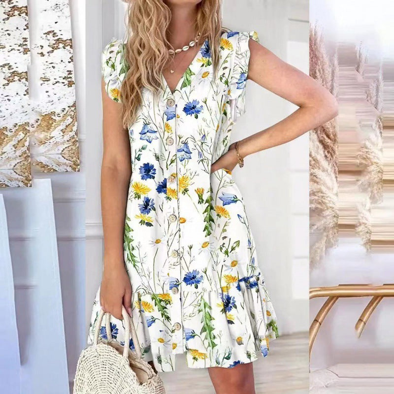 💥Reducere 49%💥【S-2XL】Rochie cu volane cu imprimeu abstract