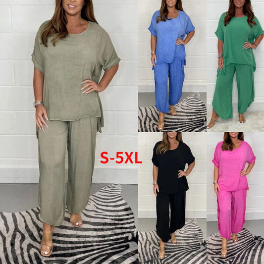 💓【S-5XL】2025 Costum casual de marime mari pentru femei【Top + Pantaloni】