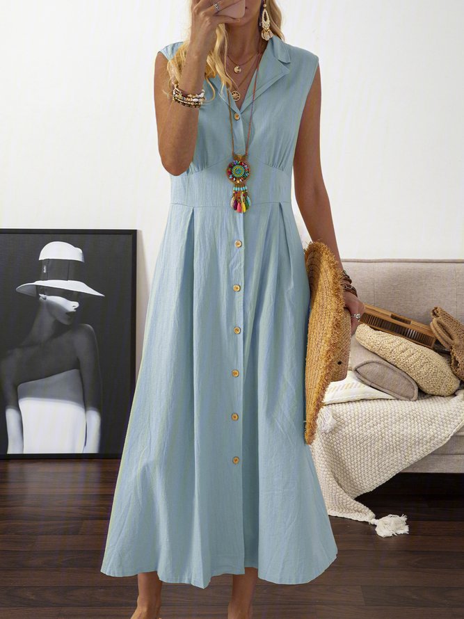 🎀【S–3XL】Rochie de damă de mărime plus mare din bumbac și in, cu guler tip sacou și nasturi