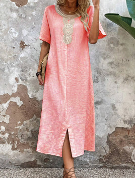 🌸🌸【S-3XL】Rochie brodata la gât rotund din bumbac si in de culoare uni