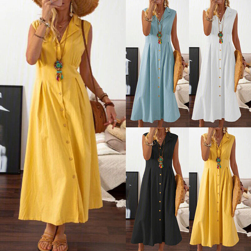 🎀【S–3XL】Rochie de damă de mărime plus mare din bumbac și in, cu guler tip sacou și nasturi
