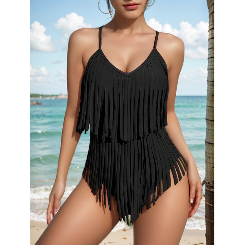 🔥【S-XL】😍👙2025 Costum de baie sexy cu decolteu în V, slim fit, fără spate, cu franjuri