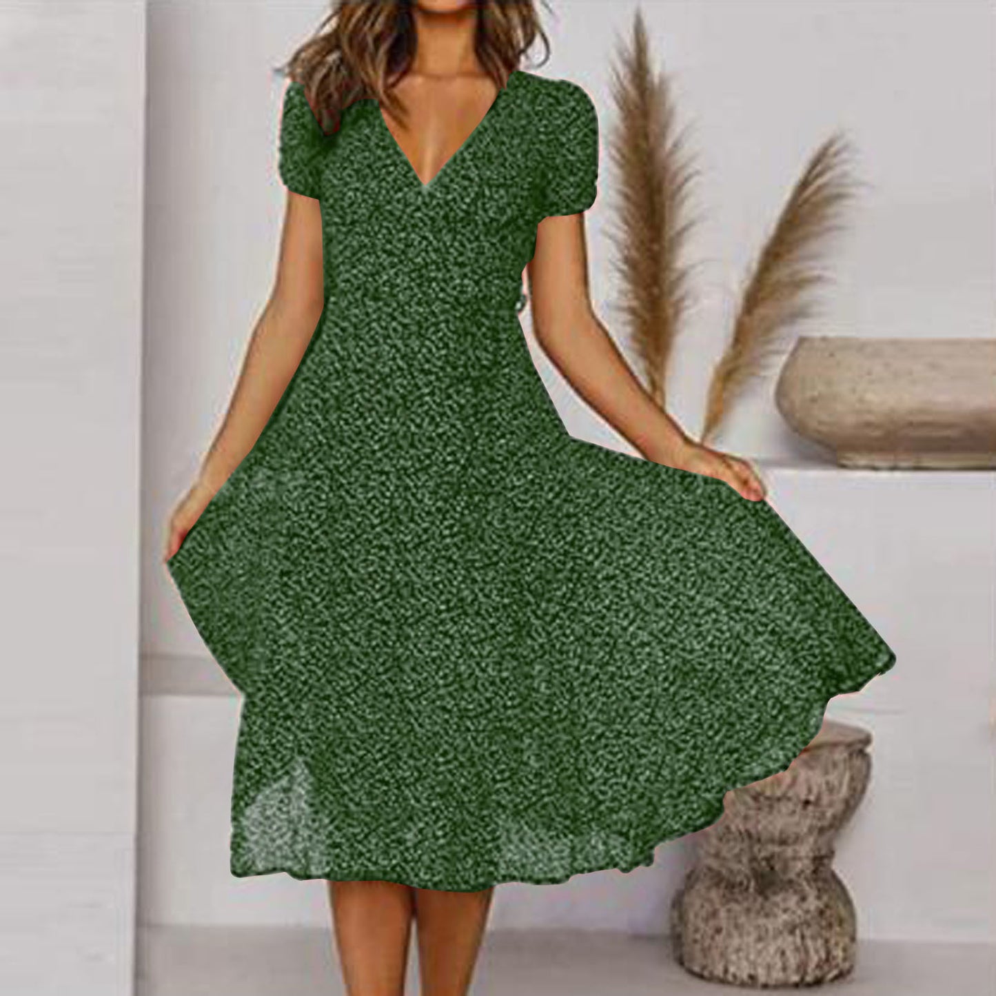 👗 Rochie nouă la modă pentru femei, cu buline, decolteu în V și mâneci scurte, rochie din șifon cu buline.