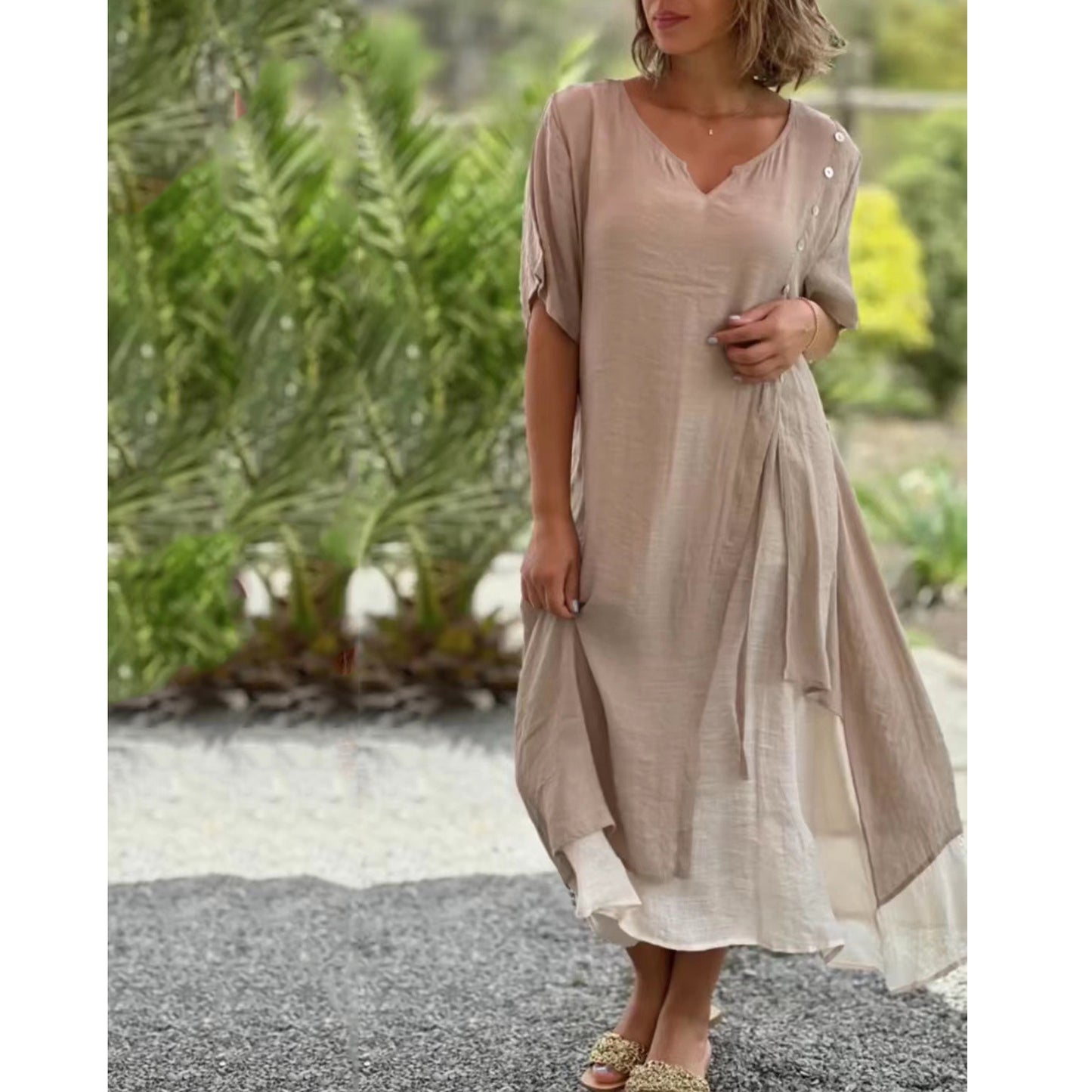 🎉【S-4XL】Rochie de vară cu fustă neregulată și decolteu în V, model fals din două piese.